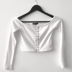 Kendall & Kylie White Long-Sleeved Medium Crop Top